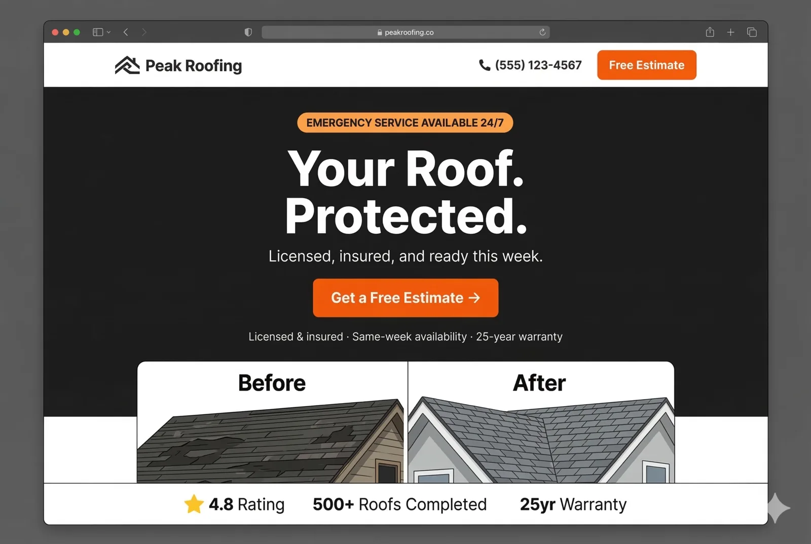 Local roofing company website after redesign