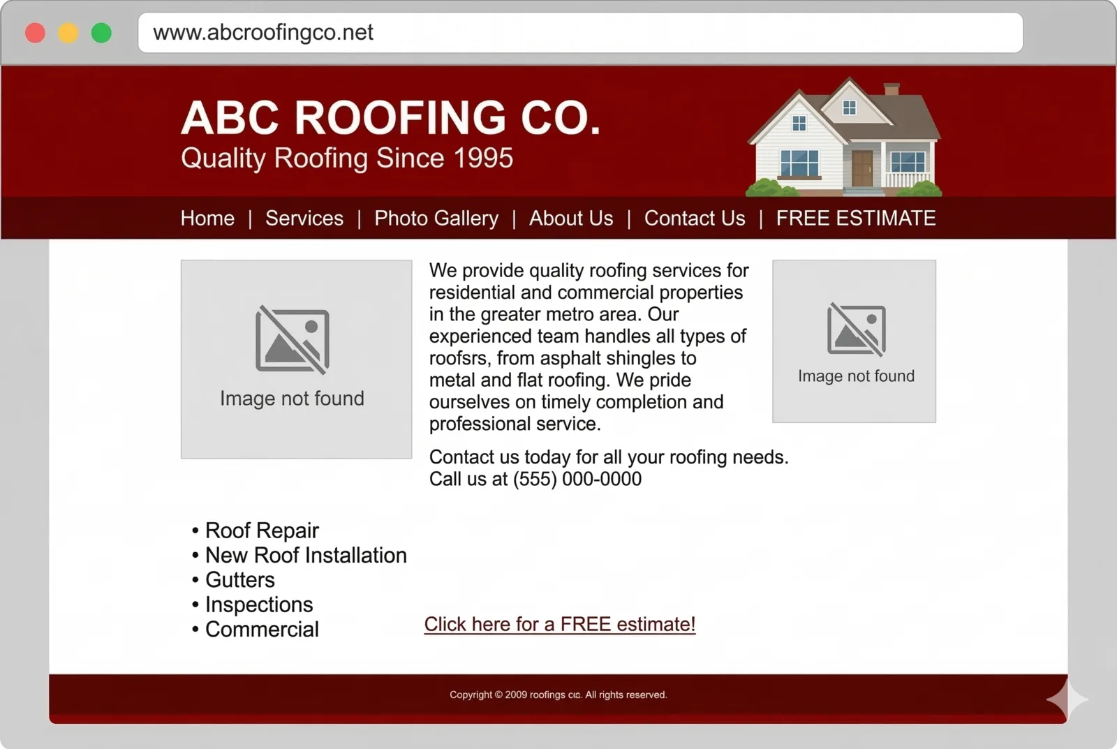 Local roofing company website before redesign